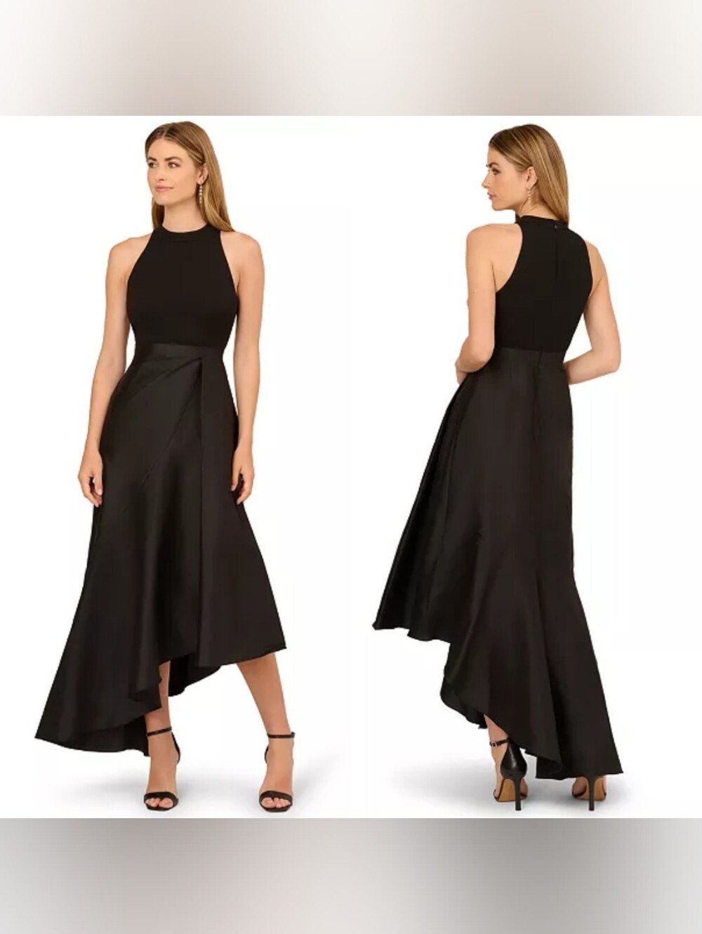 Adrianna Papell Black Halter Sleeveless Asymmetric Hemline Gown 6 Wedding Party